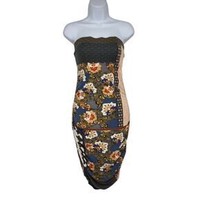 Hale Bob Blue Patchwork Floral Print Strapless Ruched Bodycon Tube Dress Size M